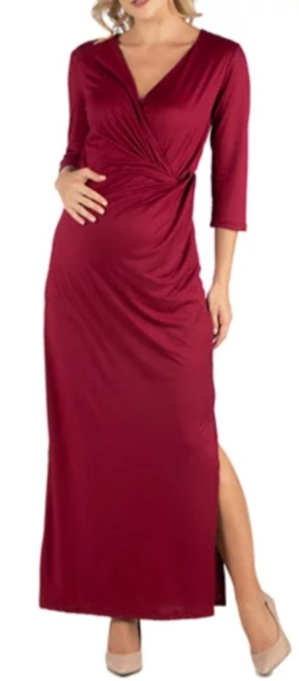24seven Comfort Apparel Faux Wrap Side Slit Maxi Dress in Burgundy